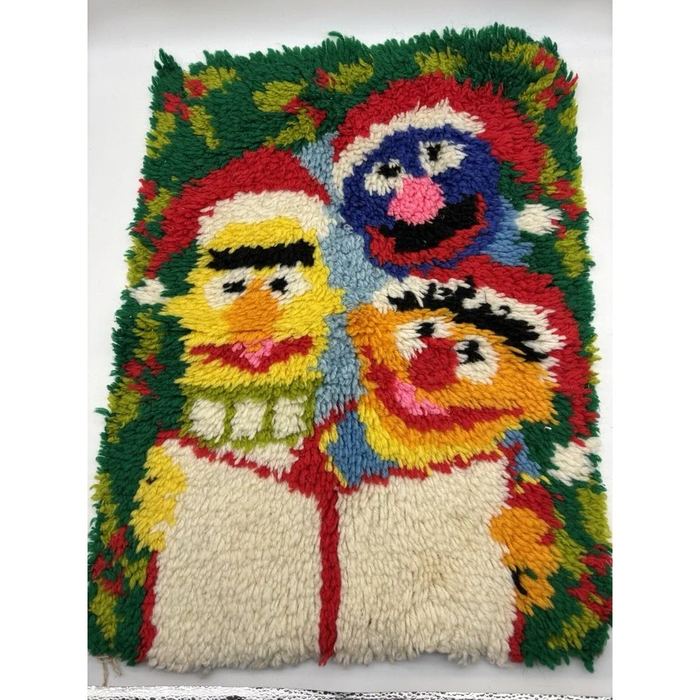 Vintage Rug 1980's Sesame Street Christmas Hand Crafted Wall Hanging